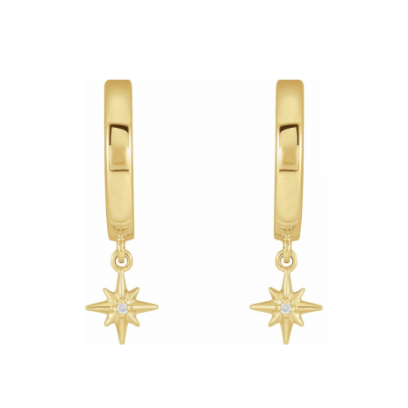 14K Gold Natural Diamond Star Dangle Hinged Hoop Earrings