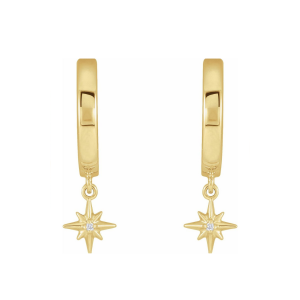 14K Gold Natural Diamond Star Dangle Hinged Hoop Earrings