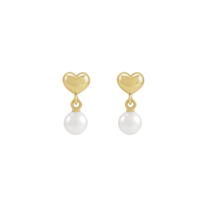 Little Love Puffed Heart Earrings | Pearl Dangle 14K Solid Gold for Child 