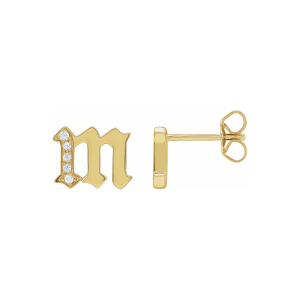 The Mini Memento Gothic Initial Stud Earrings | Solid 14k Gold & Natural Diamond Personalized Heirloom
