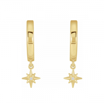 14K Gold Natural Diamond Star Dangle Hinged Hoop Earrings