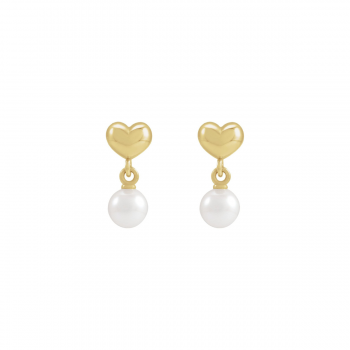 Little Love Puffed Heart Earrings | Pearl Dangle 14K Solid Gold for Child 